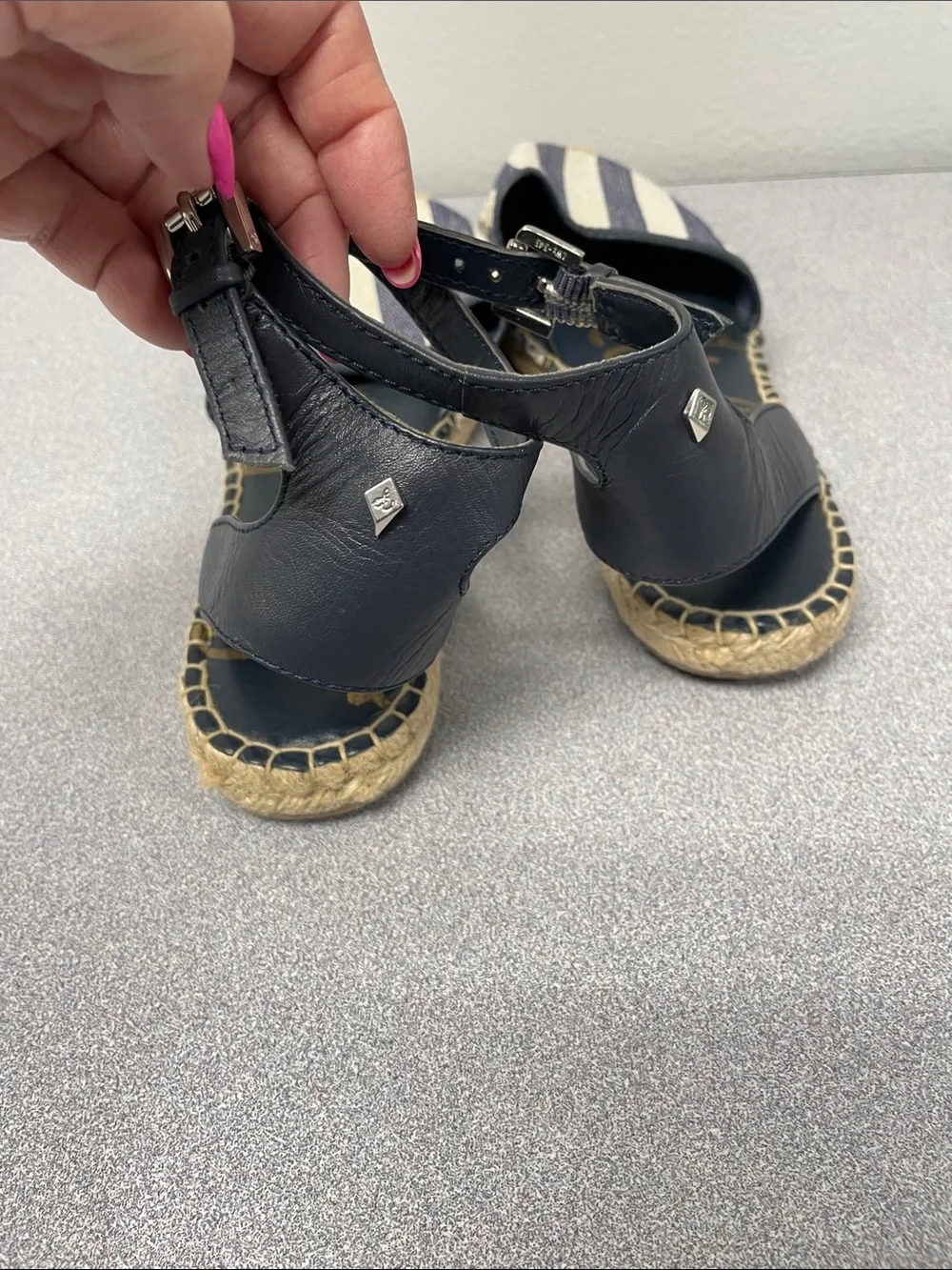 Sam Edelman Navy & White Striped Espadrille Sandals with Ankle Strap 7.5
